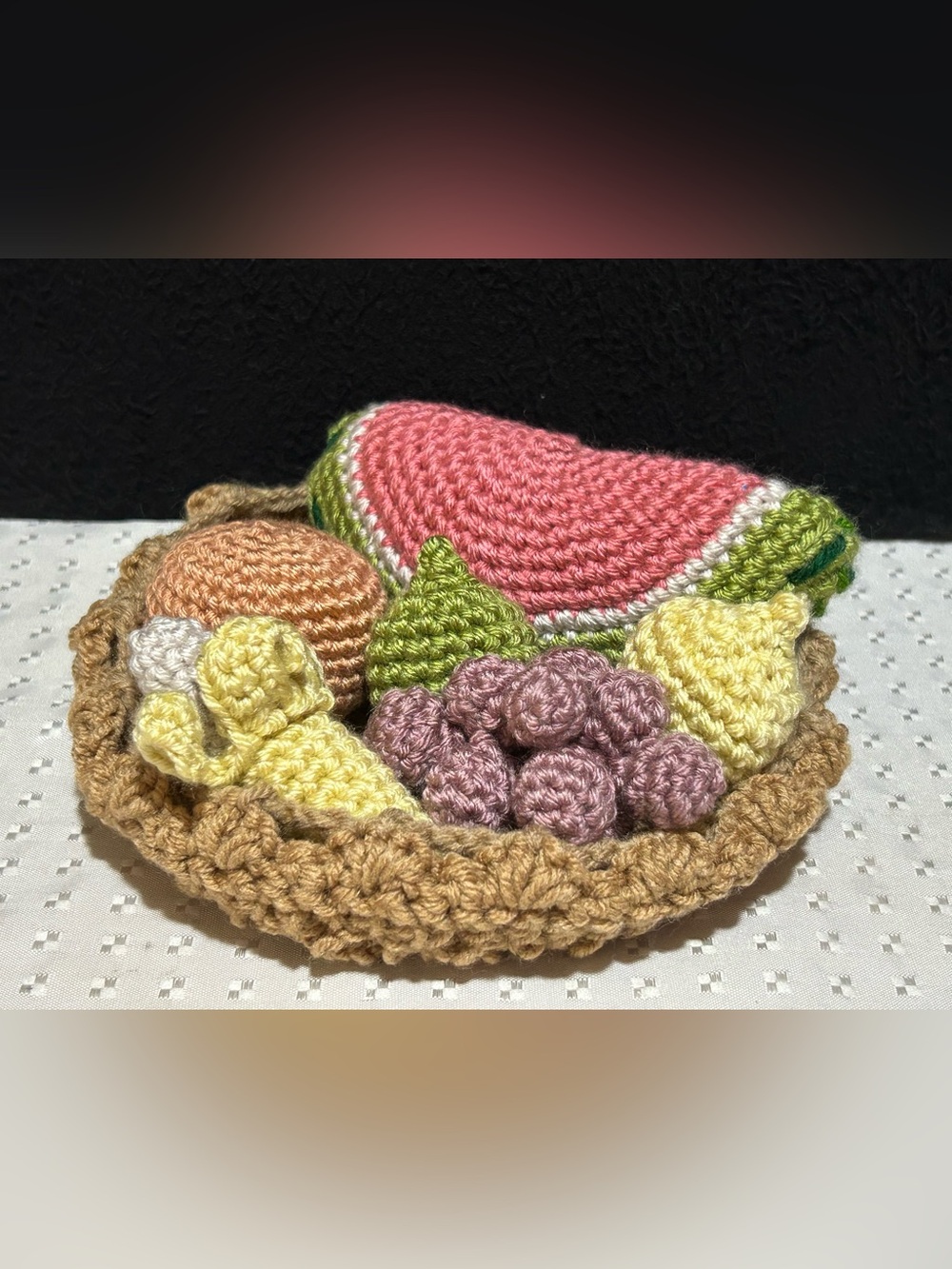 Handmade Set Crochet Fruits with Crocheted Basket 7 PC Set for Home Decor